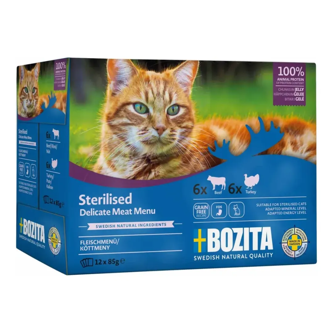 Bozita - Swedish natural quality Bozita Sterilised Kød i gele 12 x 85 g - oksekød og kalkun