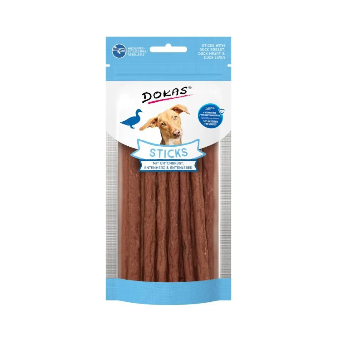 Dokas Premium Hunde og Kattesnacks Dokas Sticks med Andebryst, Hjerte og Lever 60 g - kornfri naturlige hundesnacks