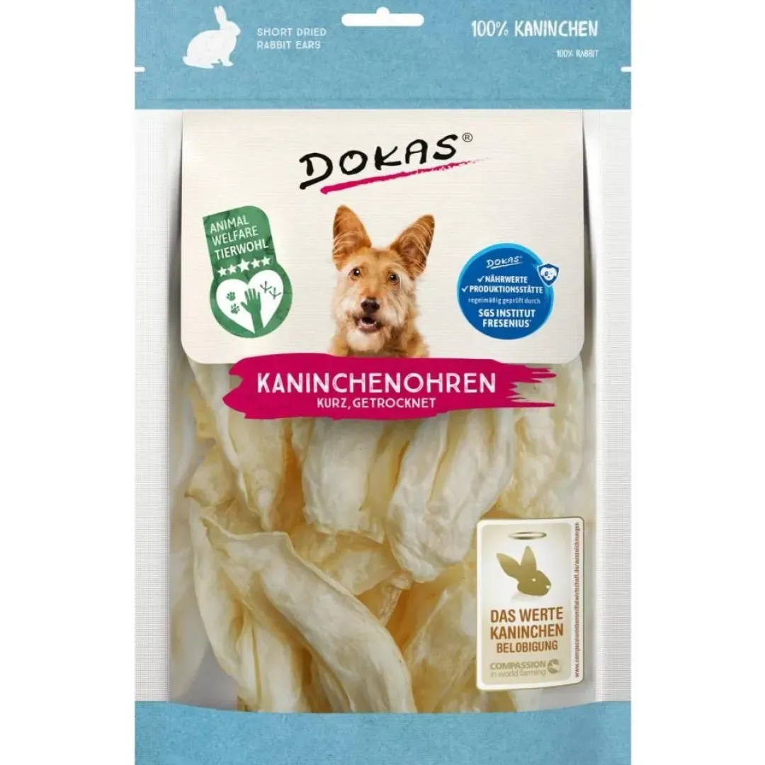 Dokas Premium Hunde og Kattesnacks Dokas Tørrede kaninører 70 g - naturlige tyggegodbidder til hunde