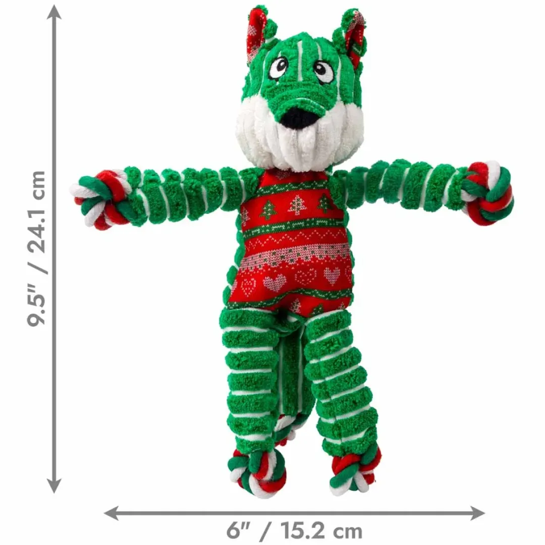 Kong Holiday Floppy Knots Fox S/M - et klassisk plys-hundelegetøj med reb og knuder, pivelyd og juletema.