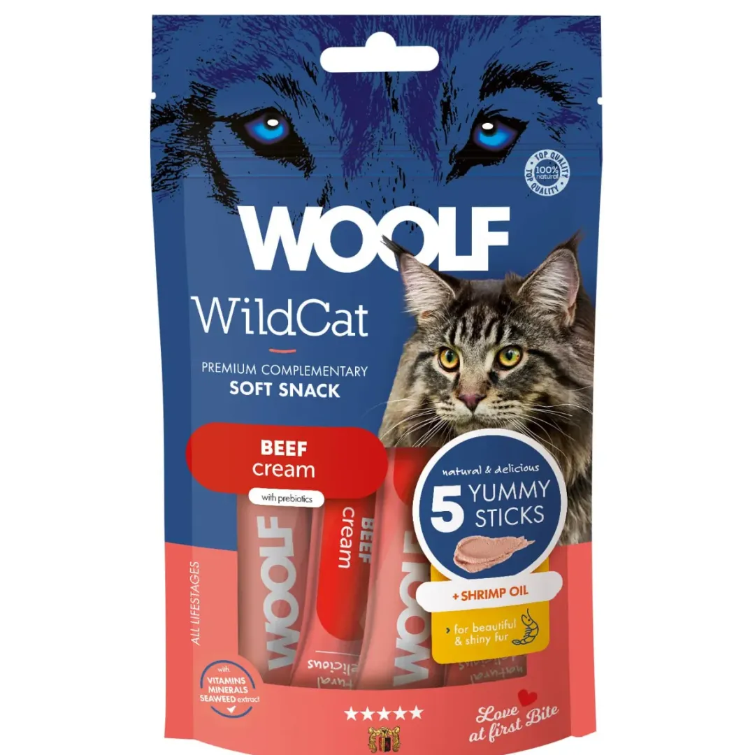 Woolf HundeSnacks og Kattesnack Woolf Wildcat Cream 5 stk - Lækker cremet snack med oksekød og rejeolie til katte
